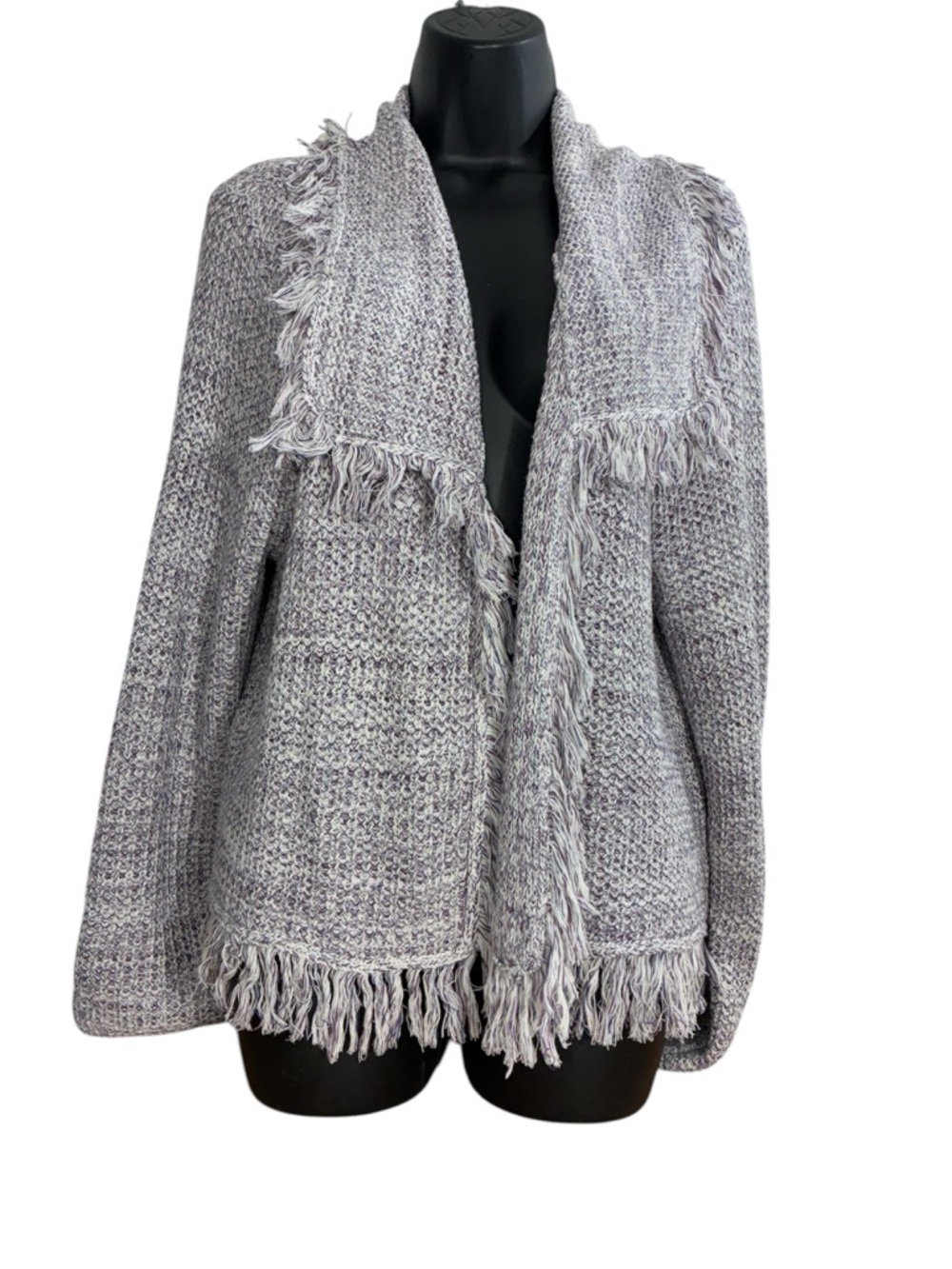 Chico's Lavender-Gray Fringed Open-Front Sweater Cardigan